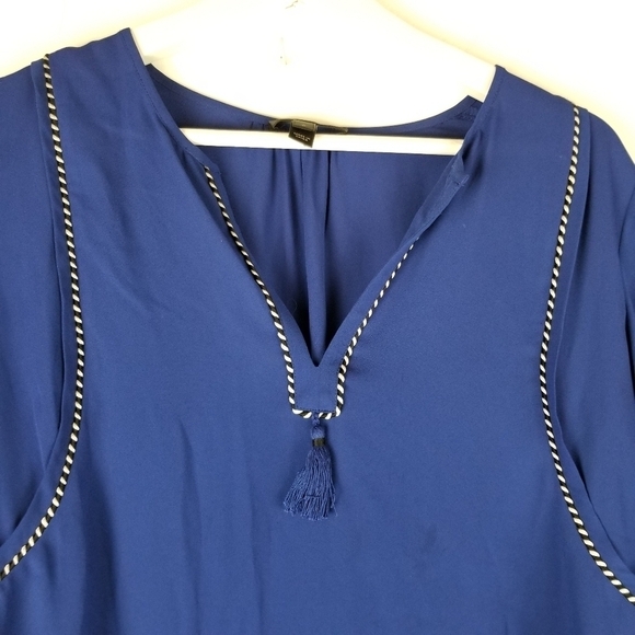 J. Crew 0 Blue Pullover Tunic Blouse Vneck long sleeve high low hem Piping - Picture 4 of 7